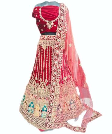 DHANLAXMI EXPORT Bridal Lehenga Choli Set with Embroidered Velvet Blouse, Red Net Dupatta, Heavy Zari Work, Traditional