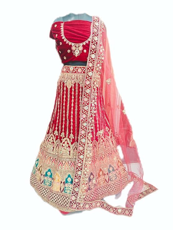 DHANLAXMI EXPORT Bridal Lehenga Choli Set with Embroidered Velvet Blouse, Red Net Dupatta, Heavy Zari Work, Traditional