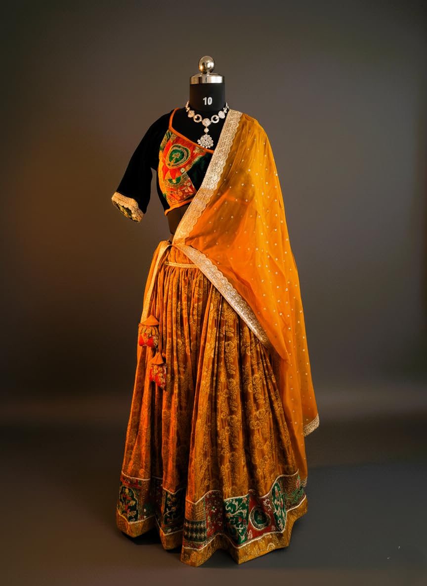 Designer Women's Lehenga Choli Set with Embroidered Blouse, Mustard banarasi lehenga - Image 2