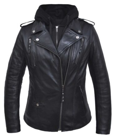 Ladies Derringer 3-in-1 Lambskin Hoody Motorcycle Jacket, Black