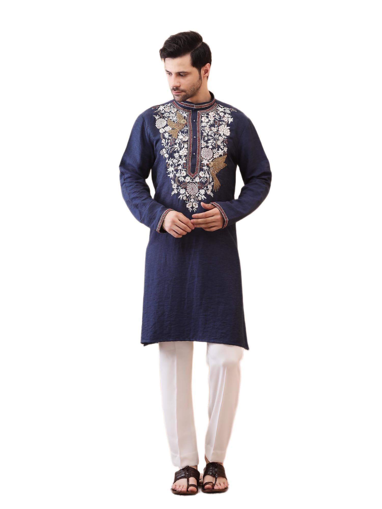 ANUP GUPTA COUTURE Men’s Navy Blue Designer Kurta Set | KUR_AG4005 | Dabka Hand Work & Thread Embroidery | Premium Silk Blend Fabric with Pant Pajama | Luxury Festive