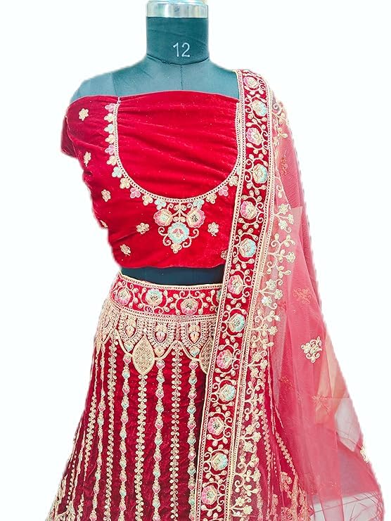 DHANLAXMI EXPORT Bridal Lehenga Choli Set with Embroidered Velvet Blouse, Red Net Dupatta, Heavy Zari Work, Traditional - Image 5