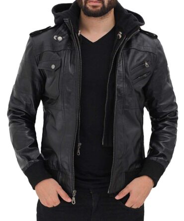 FJackets Real Leather Bomber Jacket - Motorcycle Casual Stand Collar with a Removable Hood, Black - Edinburgh Hooded Jacket, X-Large