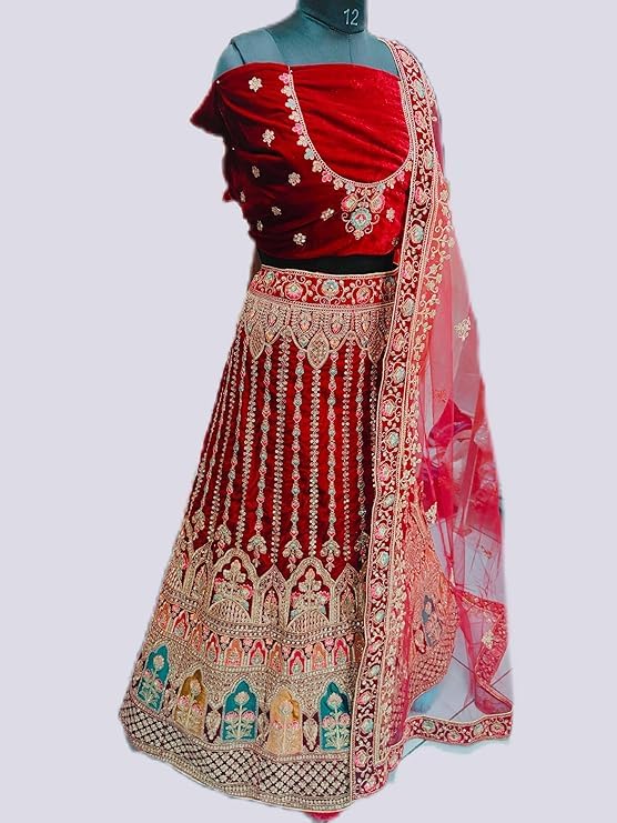 DHANLAXMI EXPORT Bridal Lehenga Choli Set with Embroidered Velvet Blouse, Red Net Dupatta, Heavy Zari Work, Traditional - Image 4