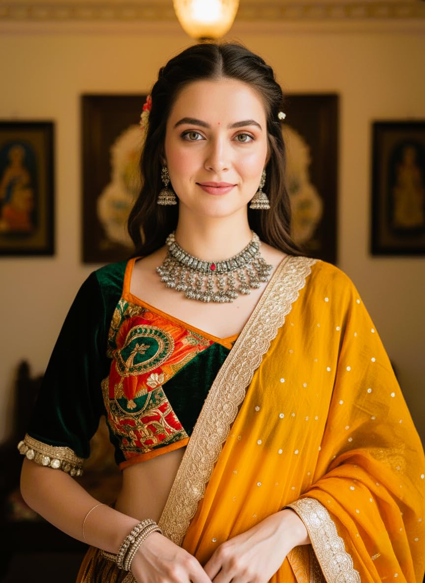 Designer Women's Lehenga Choli Set with Embroidered Blouse, Mustard banarasi lehenga - Image 7