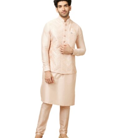 Manyavar Men's Blended Viscose Self Design Casual, Traditional Full Sleeves Jacket Payjama Set (Peach, L)