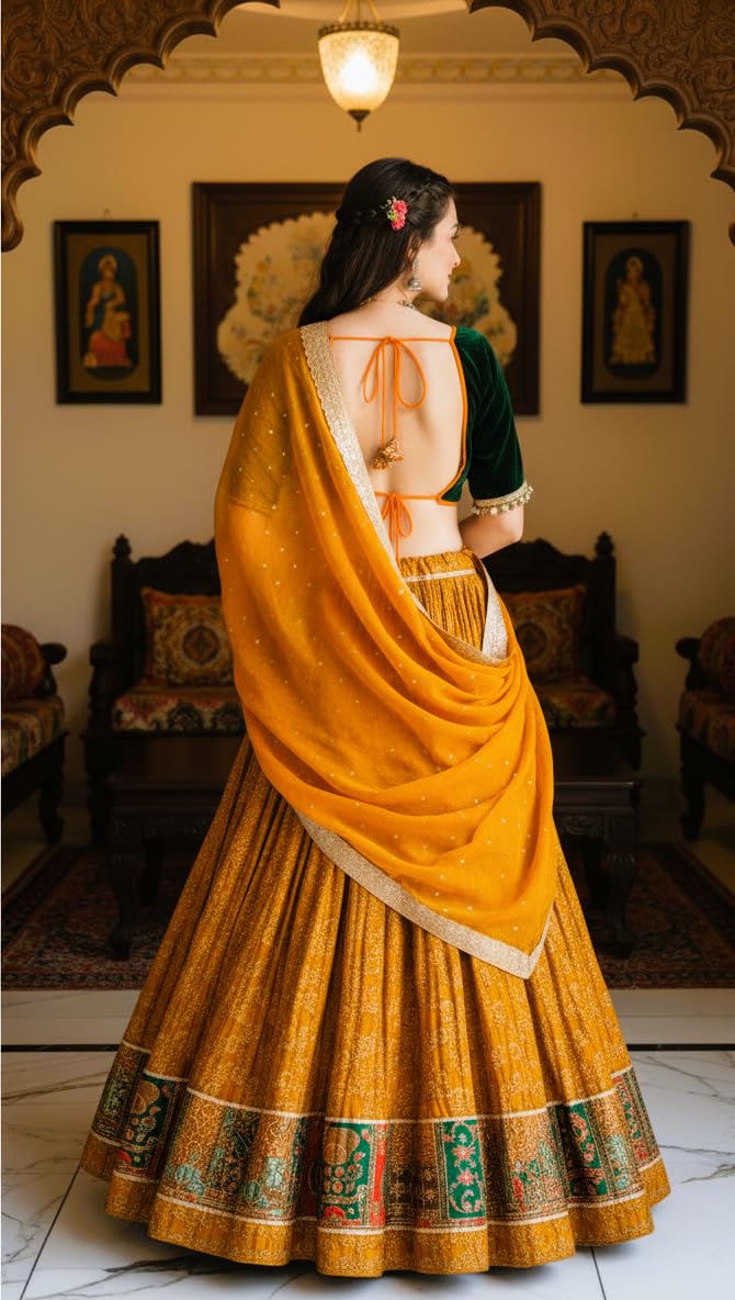 Designer Women's Lehenga Choli Set with Embroidered Blouse, Mustard banarasi lehenga - Image 3