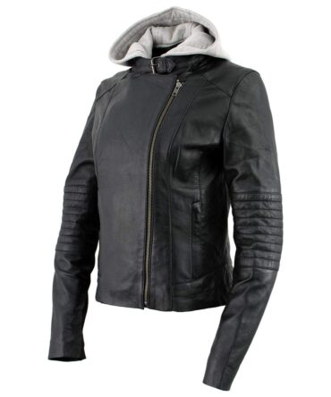 Xelement B91044 Women's ‘Quilt’ Black Leather Motorcycle Biker Racer Style Scuba Jacket with Hoodie - 2X-Large