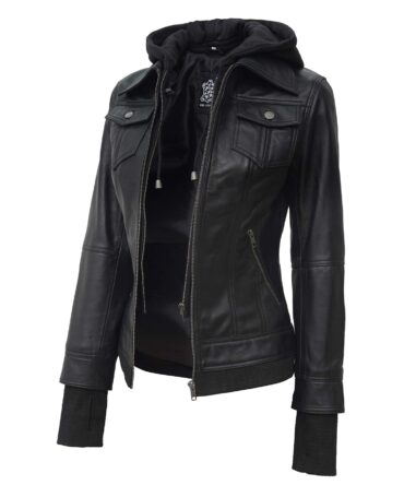 Decrum Hooded Leather Jacket Women - Real Lambskin Womens Leather Jacket with Removable Hood, Black - Betty Leather Jacket With Hood, XX-Large