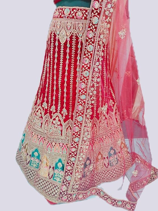 DHANLAXMI EXPORT Bridal Lehenga Choli Set with Embroidered Velvet Blouse, Red Net Dupatta, Heavy Zari Work, Traditional - Image 3