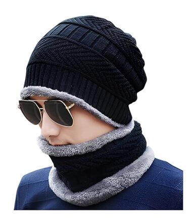 PulGos Winter Beanie Cap & Neck Warmer Set for Men & Women | Woolen Knit Hat with Fleece Lining | Warm, Stretchable, Windproof Cold-Weather Outdoor Riding, Cycling, Skiing & Travel Gear – Black & Grey