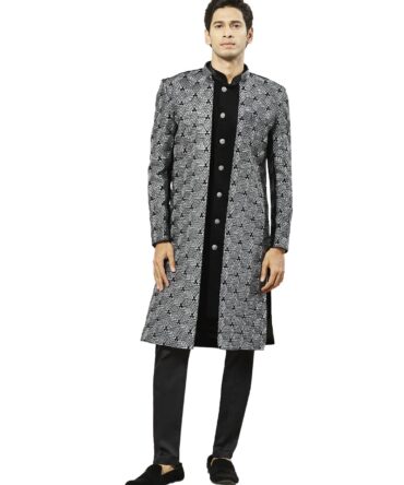 VASTRAMAY Men's Grey Velvet Indo-Western Ensemble with Geometric Patterned Jacket, Semi Indo, and Pyjama – Perfect for Weddings and Festive Celebrations
