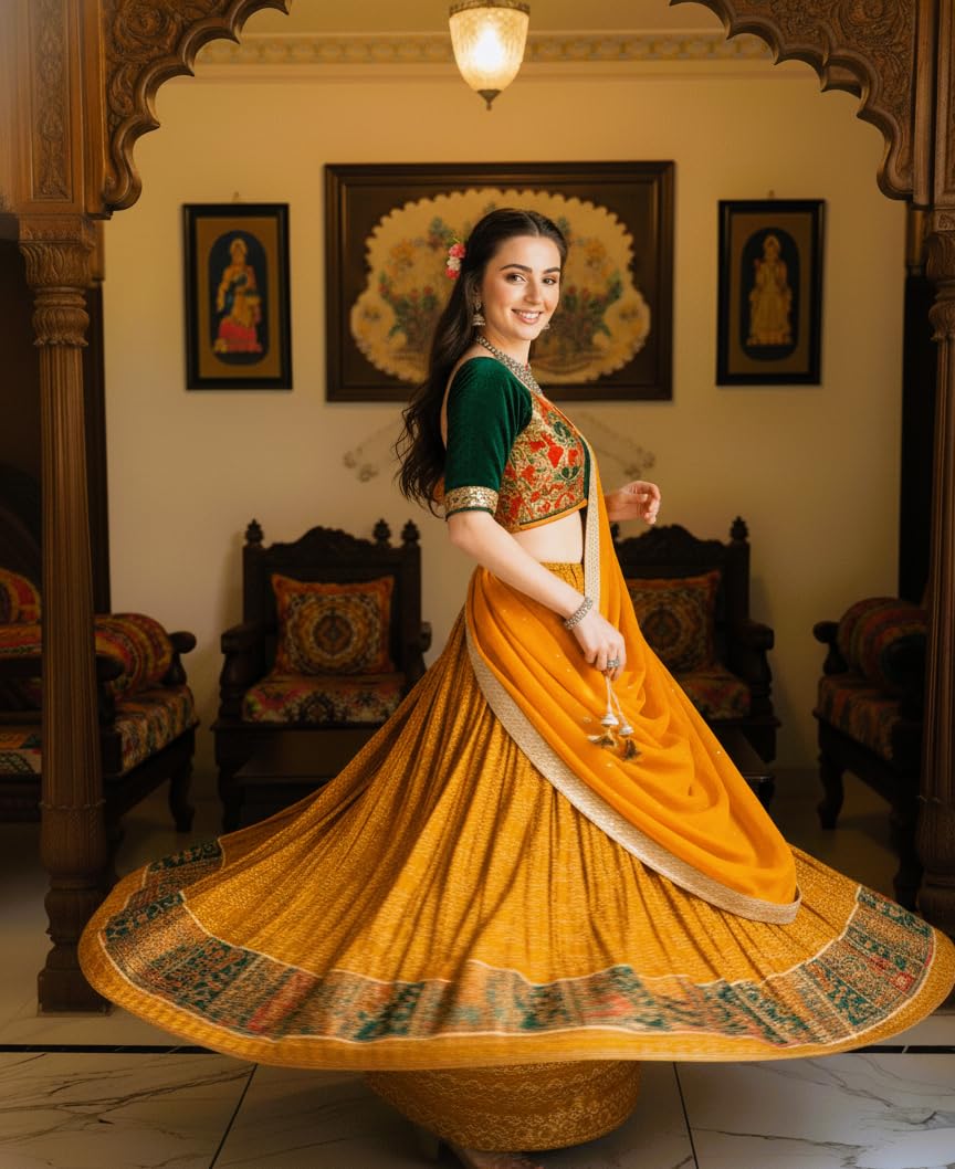 Designer Women's Lehenga Choli Set with Embroidered Blouse, Mustard banarasi lehenga - Image 5
