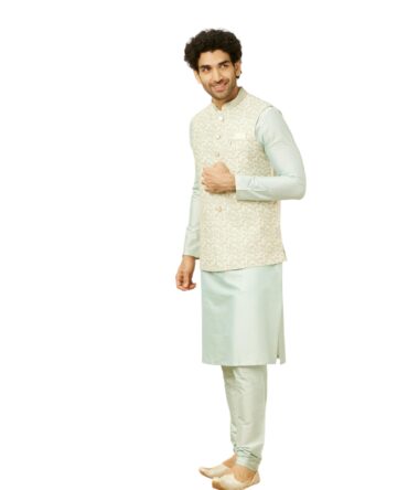Manyavar Mens Green Blended Viscose Kurta Jacket Pyjama Set