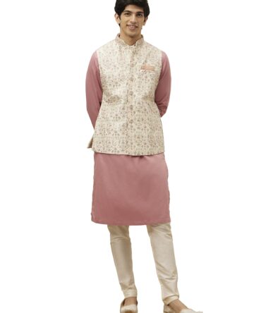 Manyavar Kurta Jacket Set With Payjama for Men, Full Sleeves Mandarin Collar Ethnic Wear Jacket Set for Festival, Wedding, Party Satin (GAJARI, XL)