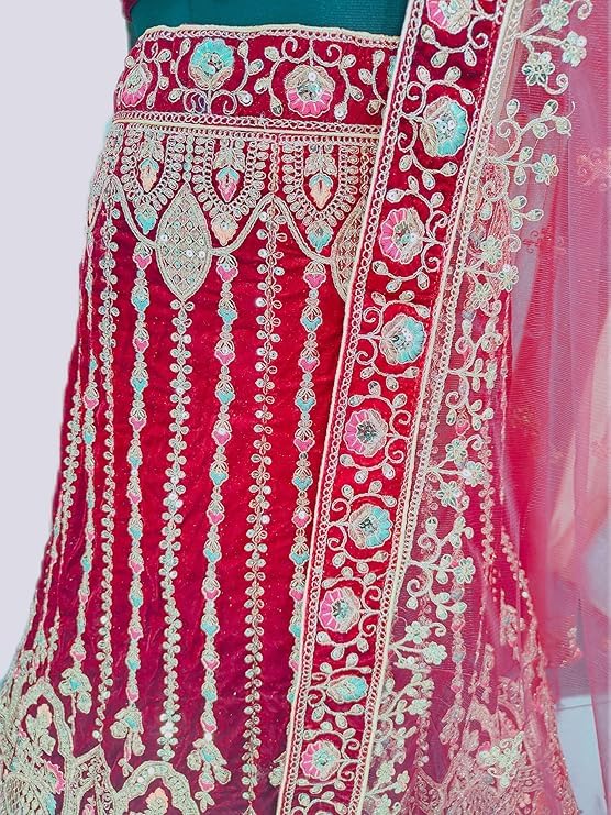 DHANLAXMI EXPORT Bridal Lehenga Choli Set with Embroidered Velvet Blouse, Red Net Dupatta, Heavy Zari Work, Traditional - Image 2