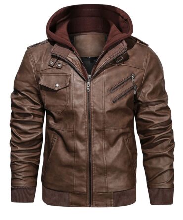 Hood Crew Men’s Casual Stand Collar PU Faux Leather Zip-Up Motorcycle Bomber Jacket With a Removable Hood Brown 4XL