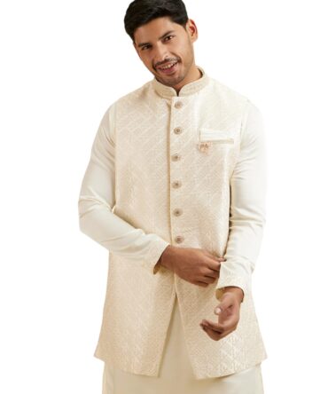 Manyavar Men's Art Silk Hand Embroidered Jacket Set (Cream,L)