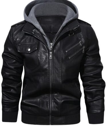 HOOD CREW Men’s Casual Stand Collar PU Faux Leather Zip-Up Motorcycle Bomber Jacket with a Removable Hood Black