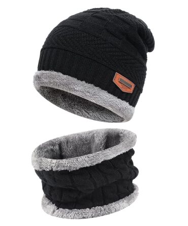 Fantastic Zone Kids Winter Beanie Hat and Scarf Set Warm Knit Beanie Cap and Circle Scarf with Fleece Lining for Kids Boys Girls, 2-Pieces Black