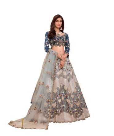 Designer Lehenga Choli with Net Dupatta, Blue and Grey Embroidered, Traditional dress for women and girls