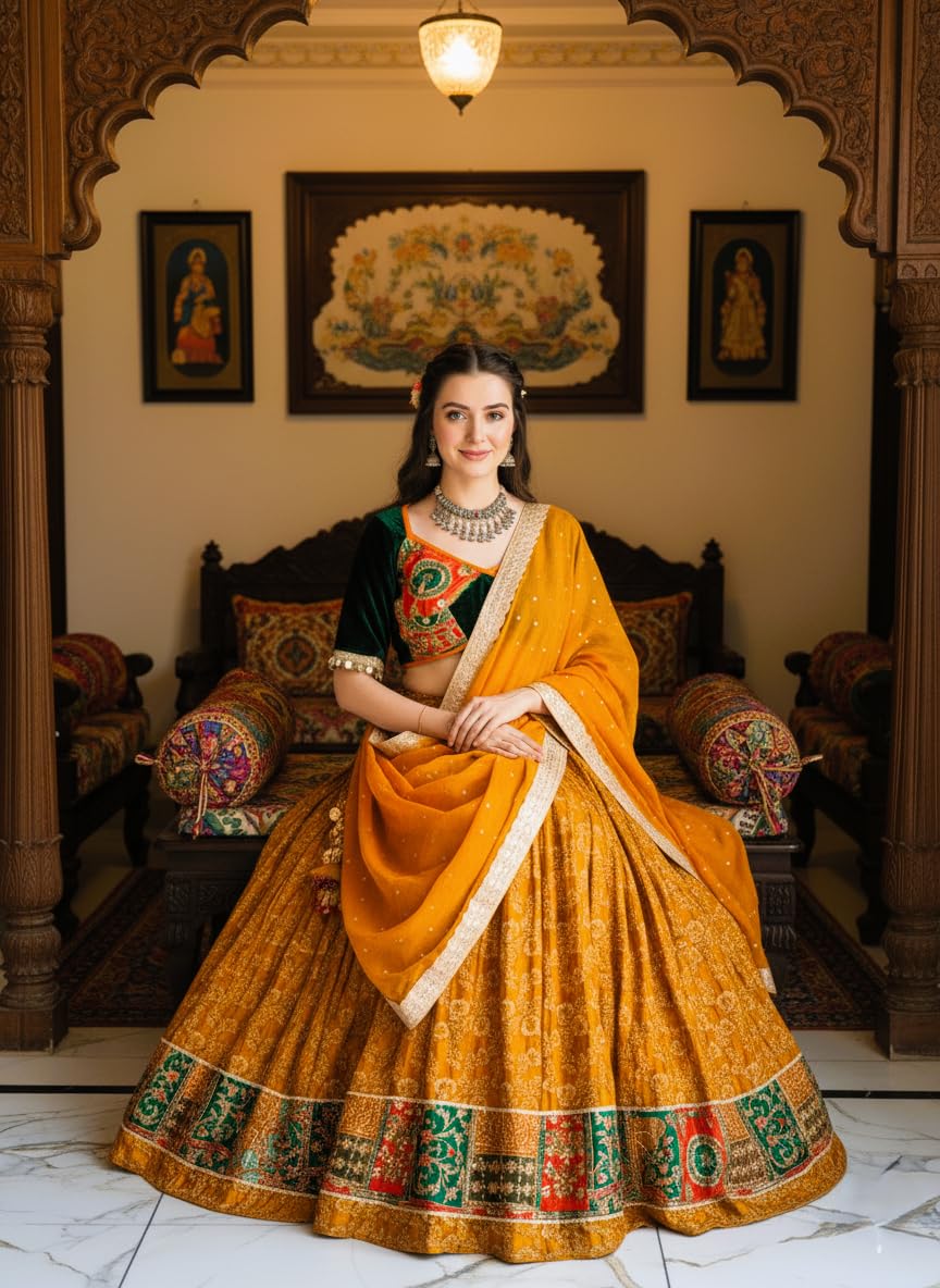 Designer Women's Lehenga Choli Set with Embroidered Blouse, Mustard banarasi lehenga - Image 4