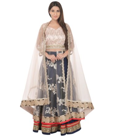 Chunri Baby Pink & Navy Blue Sequined & Zari Lehenga, Choli & Dupatta Set