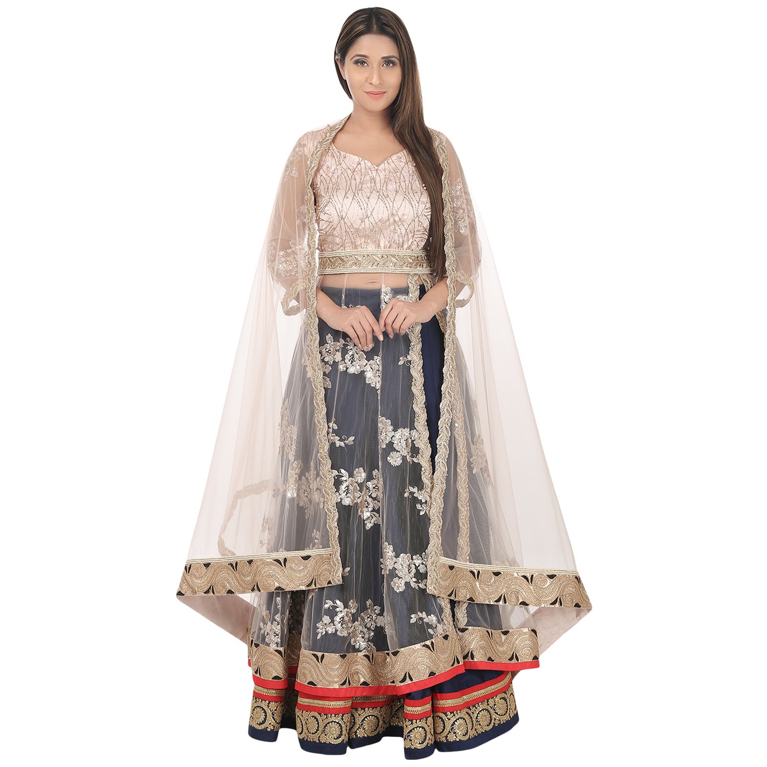 Chunri Baby Pink & Navy Blue Sequined & Zari Lehenga, Choli & Dupatta Set