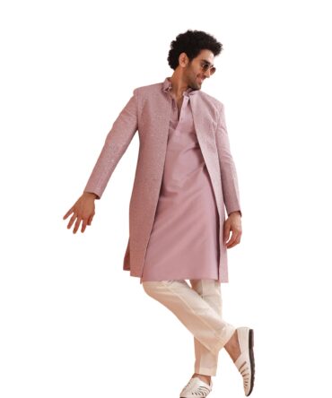 KISAH Men Pink Printed Kurta Indowestern Sherwani Trouser Set, 40
