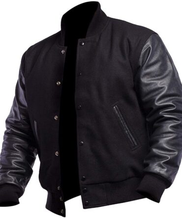 Trendsfort Mens College Baseball Bomber Jacket - Varsity Jacket Men | Leather Letterman Jacket Men, Full Black - Leather Sleeves, XX-Large