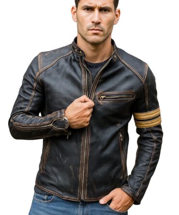 NM-Fashions Mens Distressed Black Leather Jacket Biker Retro Cafe Racer Vintage Leather, Distressed Black, X-Large