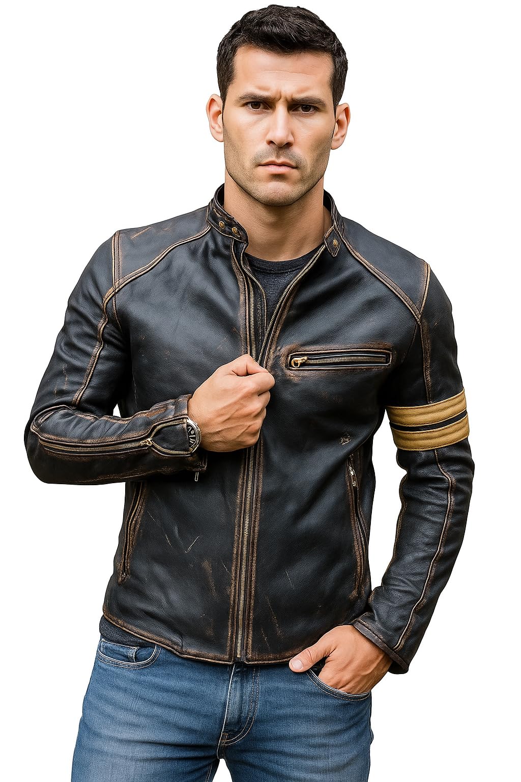 NM-Fashions Mens Distressed Black Leather Jacket Biker Retro Cafe Racer Vintage Leather, Distressed Black, X-Large