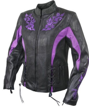 Xelement XS2027 Ladies 'Gemma' Black and Purple Leather Embroidered Jacket with X-Armor Protection