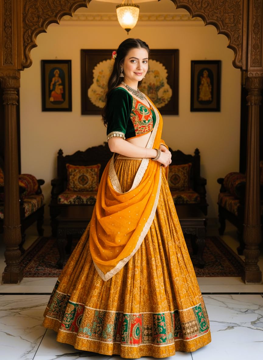 Designer Women's Lehenga Choli Set with Embroidered Blouse, Mustard banarasi lehenga - Image 6