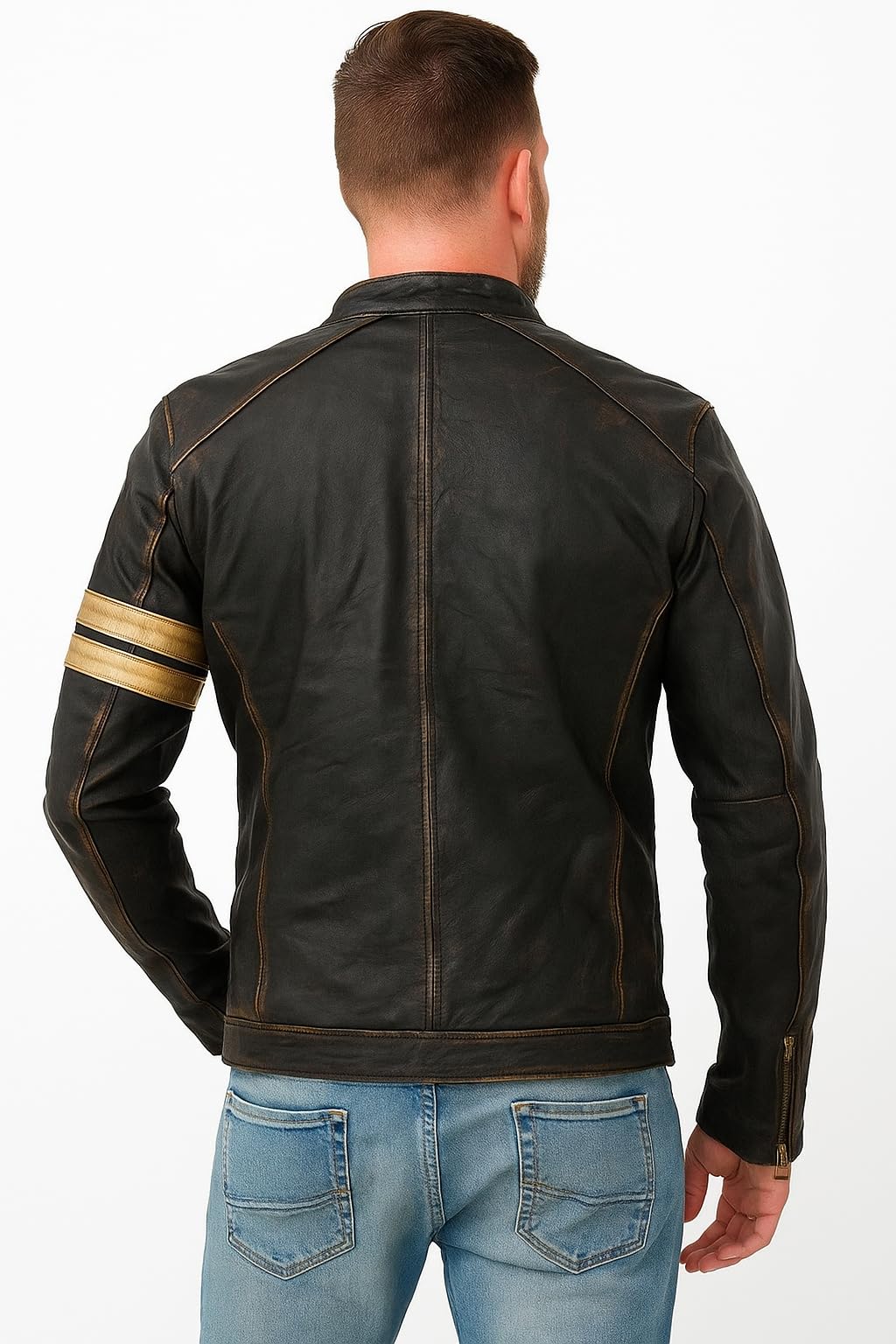 NM-Fashions Mens Distressed Black Leather Jacket Biker Retro Cafe Racer Vintage Leather, Distressed Black, X-Large - Image 2