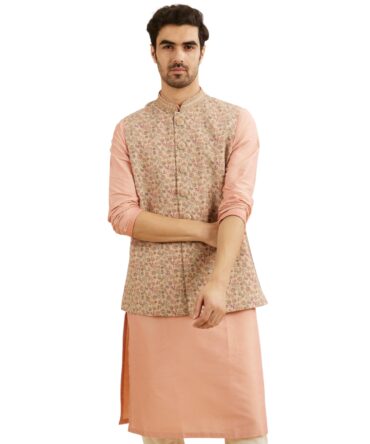 Manyavar Men's Cotton Blend Floral Patterned Nehru Jacket (Beige,XXXL)