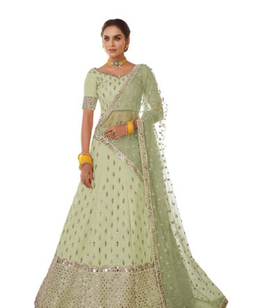 FUSIONIC Pista Green Color Art Silk Fabric Mirror Work Lehenga Choli For Women