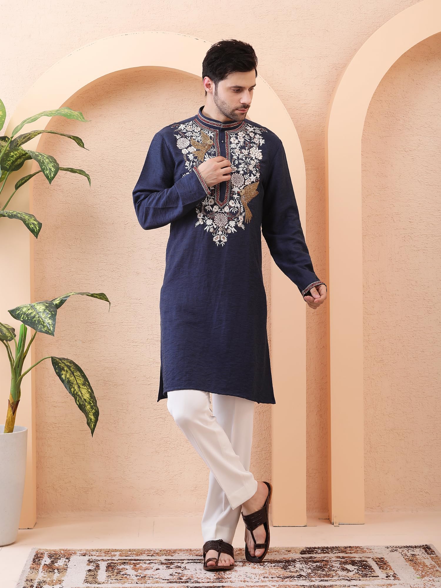ANUP GUPTA COUTURE Men’s Navy Blue Designer Kurta Set | KUR_AG4005 | Dabka Hand Work & Thread Embroidery | Premium Silk Blend Fabric with Pant Pajama | Luxury Festive - Image 3