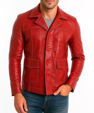 UGFashions Mens Fight Tyler Durden Brad Costume Coat Motorcycle Retro Racing Biker Red Faux Leather Jacket, Red, Large