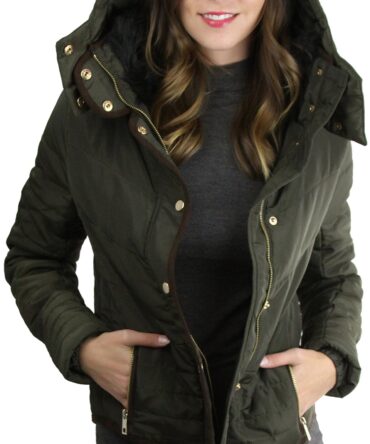 ToBeInStyle Women's Drawsting Cinched Waist Hooded Utility Jacket, Quilted Jacket - Dark Olive, Medium