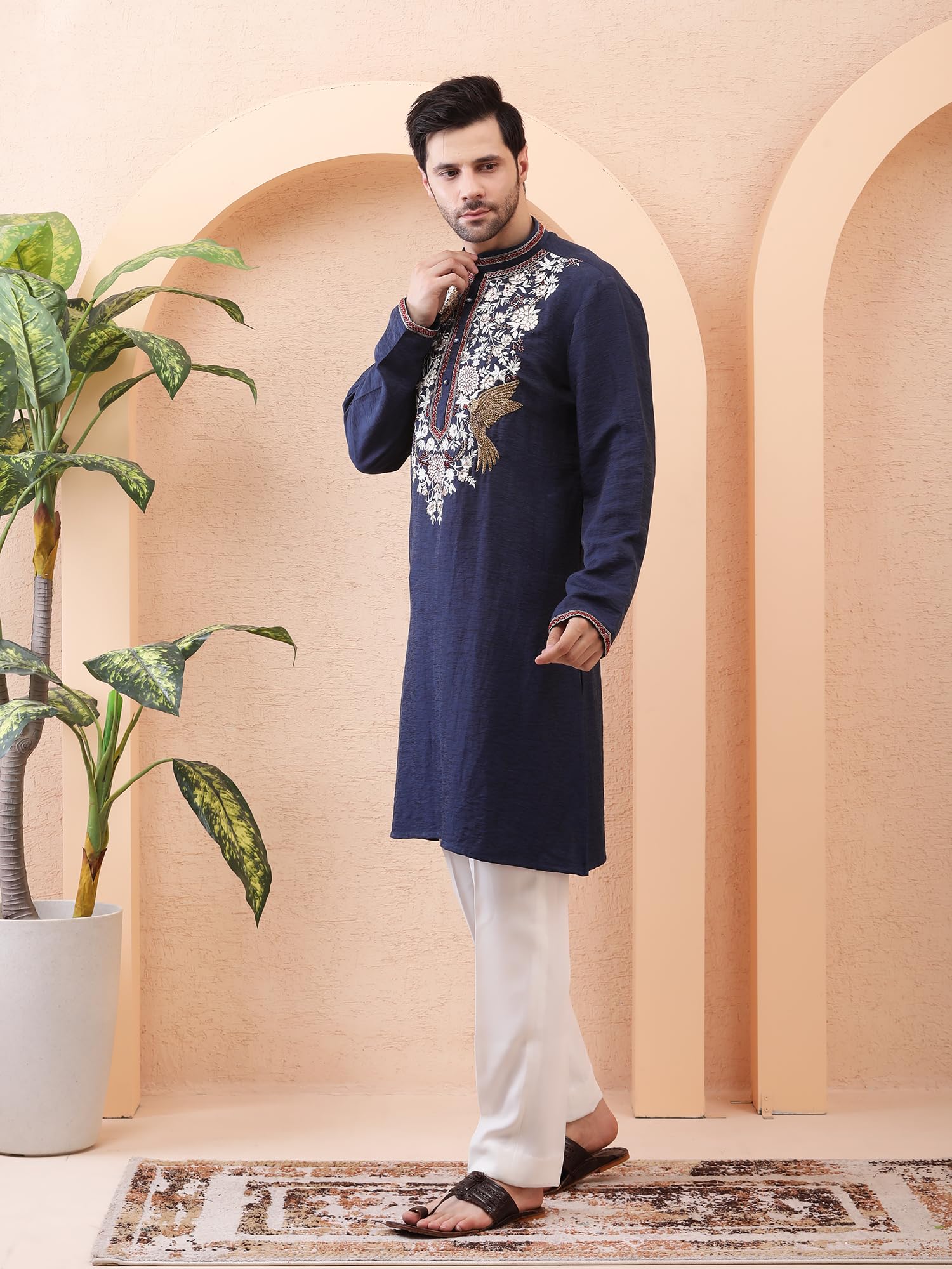 ANUP GUPTA COUTURE Men’s Navy Blue Designer Kurta Set | KUR_AG4005 | Dabka Hand Work & Thread Embroidery | Premium Silk Blend Fabric with Pant Pajama | Luxury Festive - Image 2