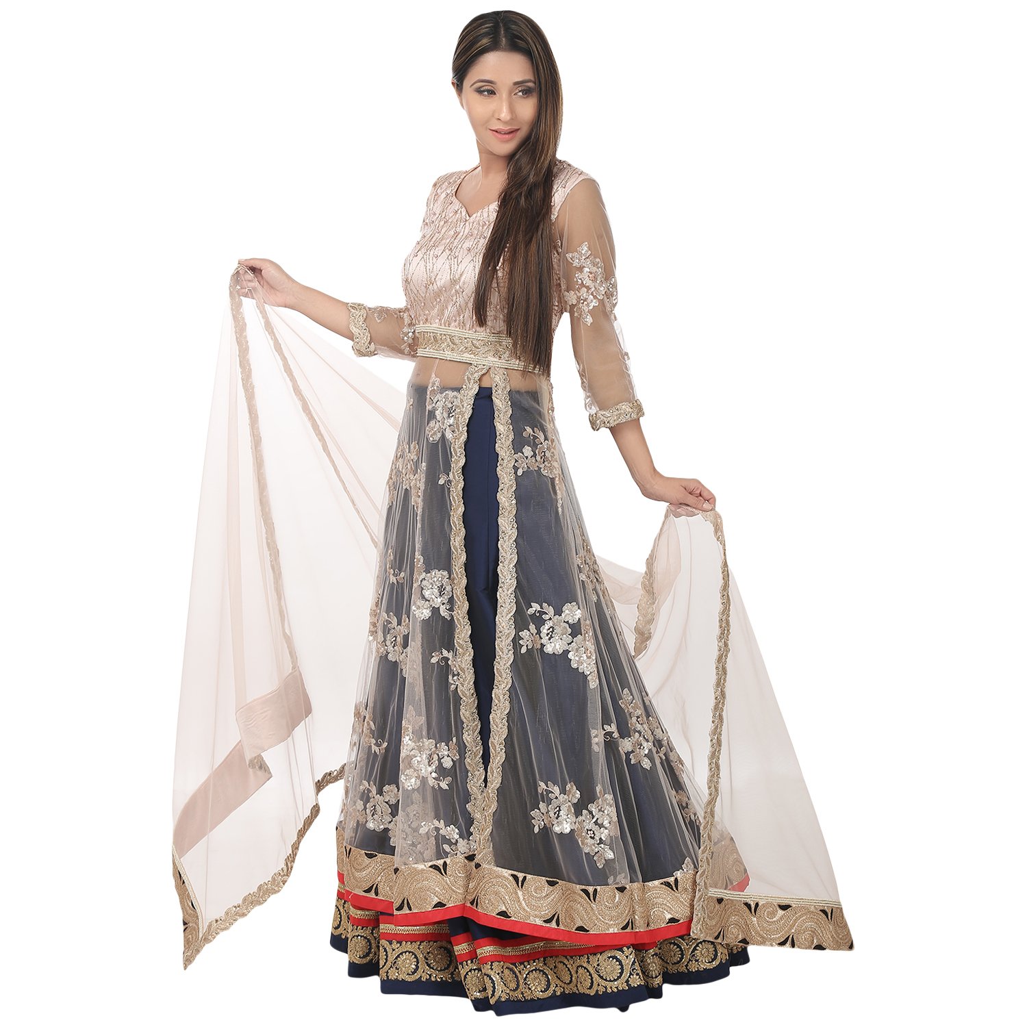 Chunri Baby Pink & Navy Blue Sequined & Zari Lehenga, Choli & Dupatta Set - Image 2