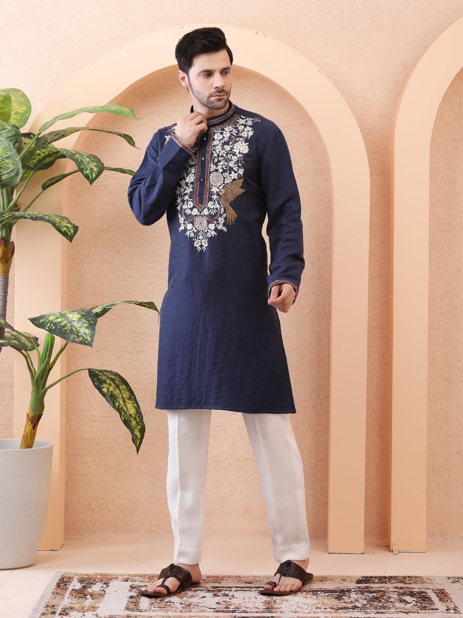 ANUP GUPTA COUTURE Men’s Navy Blue Designer Kurta Set | KUR_AG4005 | Dabka Hand Work & Thread Embroidery | Premium Silk Blend Fabric with Pant Pajama | Luxury Festive - Image 6