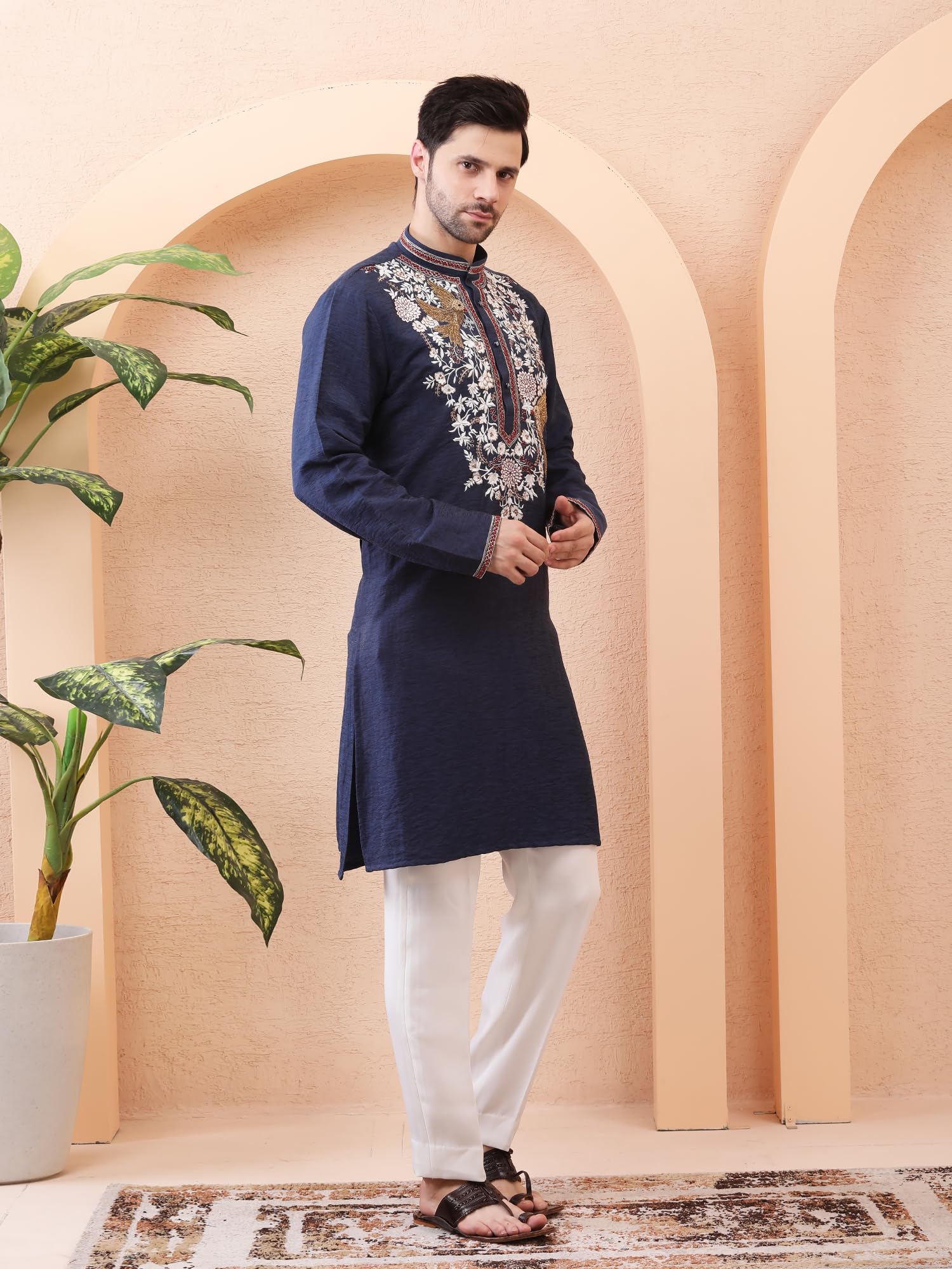 ANUP GUPTA COUTURE Men’s Navy Blue Designer Kurta Set | KUR_AG4005 | Dabka Hand Work & Thread Embroidery | Premium Silk Blend Fabric with Pant Pajama | Luxury Festive - Image 4