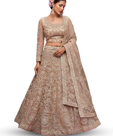 Zeel Clothing Women's Net Semi-Stitched Lehenga Choli Beige Free Size