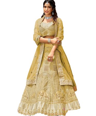 FUSIONIC Yellow Color Velvet Fabric Stone And Dori Work Lehenga Choli For Women