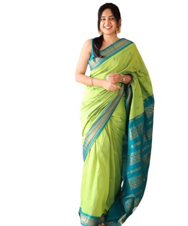 UNIQUE QUEENS Women's Kanjivaram Cotton Silk Saree South Indian Paithani Sari | gadwal cotton sarees with Zari Border and Blouse Piece - Suitable For All Indian Occasions and Festivals Skyblue