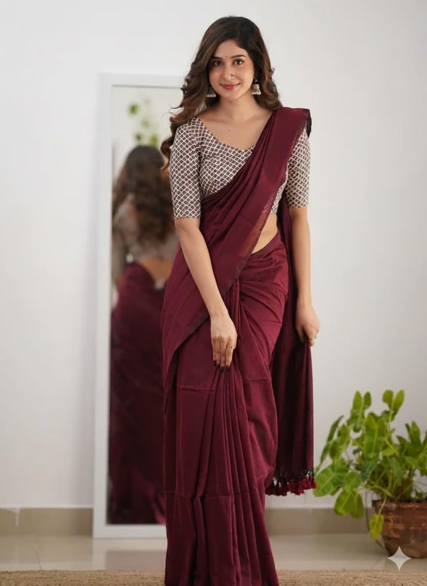 Women’s Soft Cotton Blend Saree | Lightweight Traditional Ethnic Wear (MAROON) - Image 4