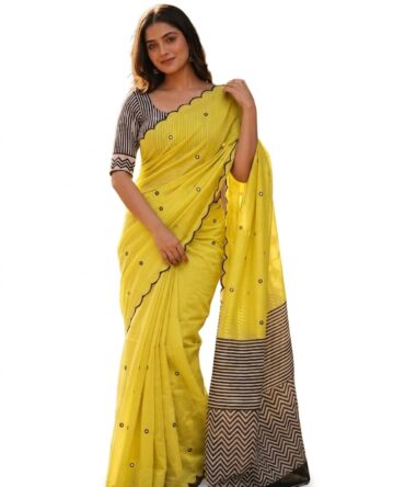 Women's Linen Cotton Saree, Yellow