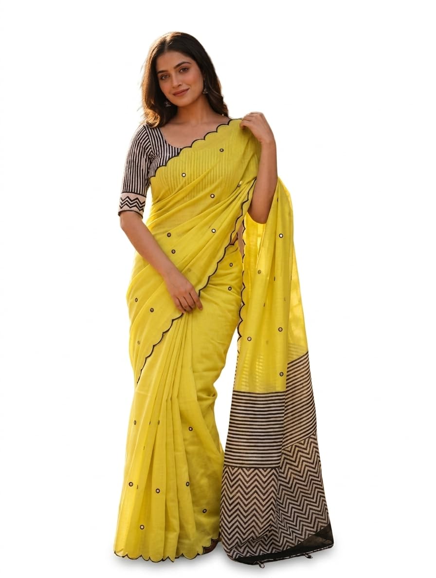 Women's Linen Cotton Saree, Yellow